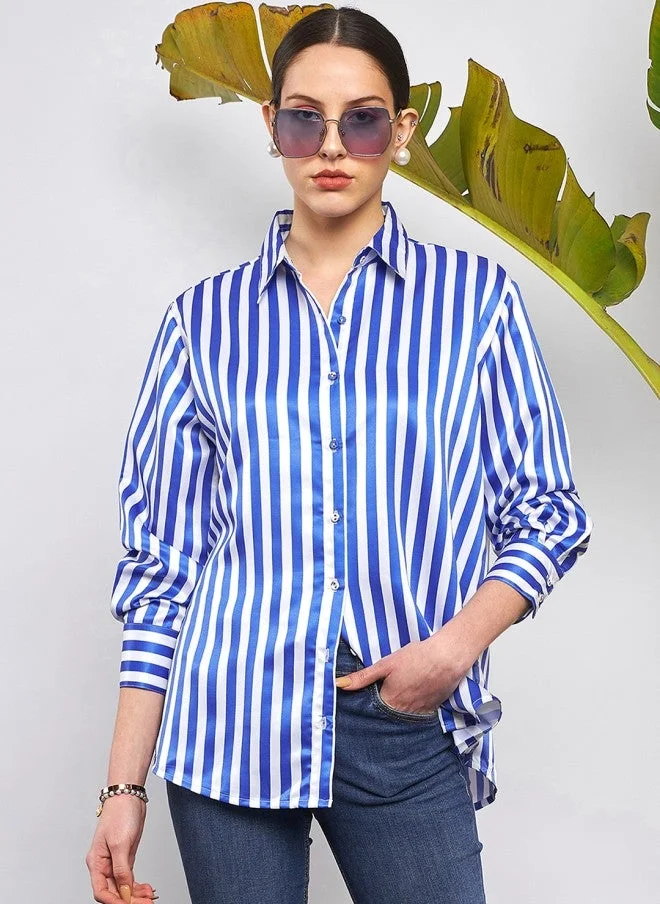 SASSAFRAS  Blue & White Vertical Striped Oversized Satin Casual Shirt for Women | Best Price UAE