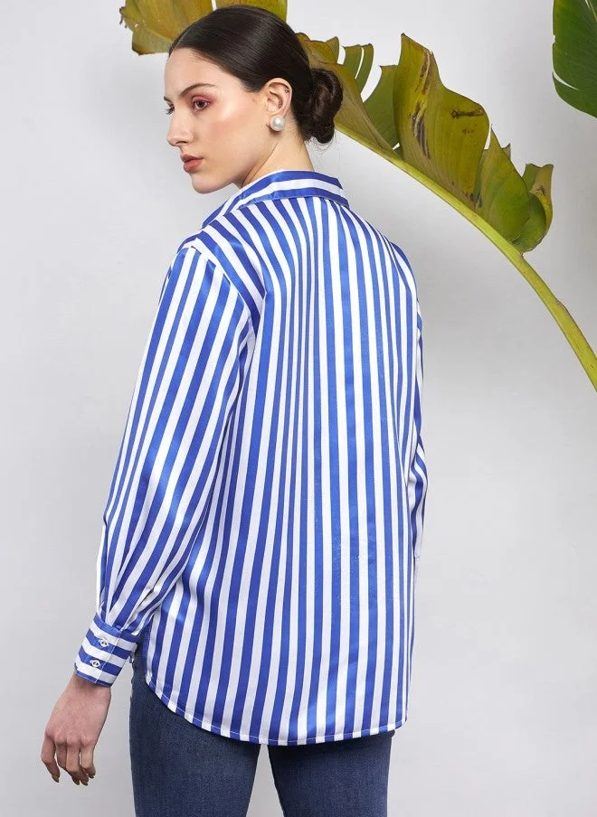 SASSAFRAS  Blue & White Vertical Striped Oversized Satin Casual Shirt for Women | Best Price UAE