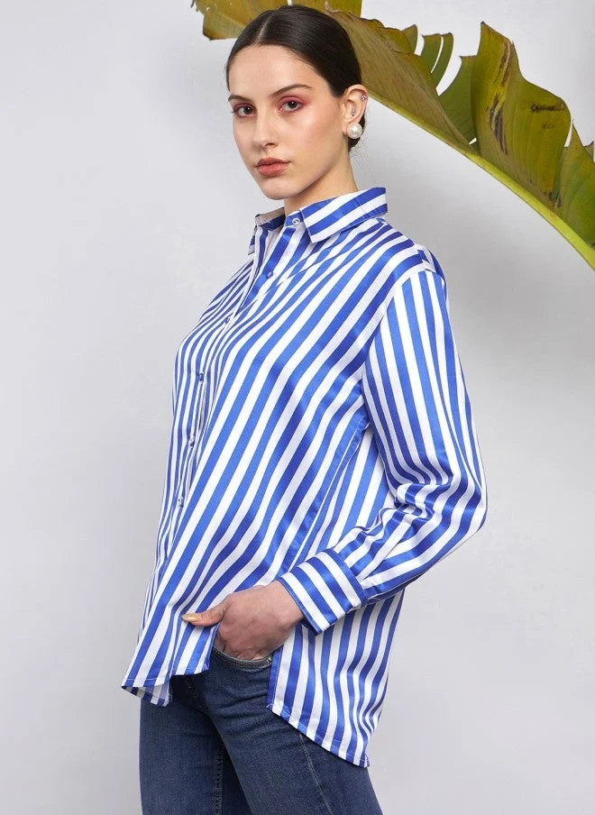 SASSAFRAS  Blue & White Vertical Striped Oversized Satin Casual Shirt for Women | Best Price UAE