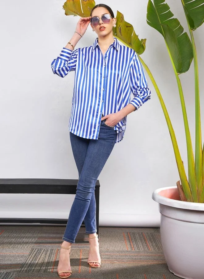SASSAFRAS Blue & White Vertical Striped Oversized Satin Casual Shirt