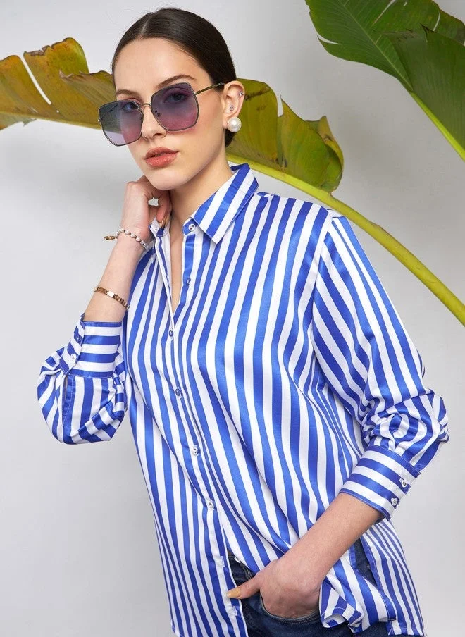 SASSAFRAS Blue & White Vertical Striped Oversized Satin Casual Shirt