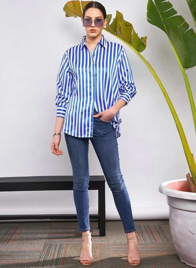 SASSAFRAS  Blue & White Vertical Striped Oversized Satin Casual Shirt for Women | Best Price UAE