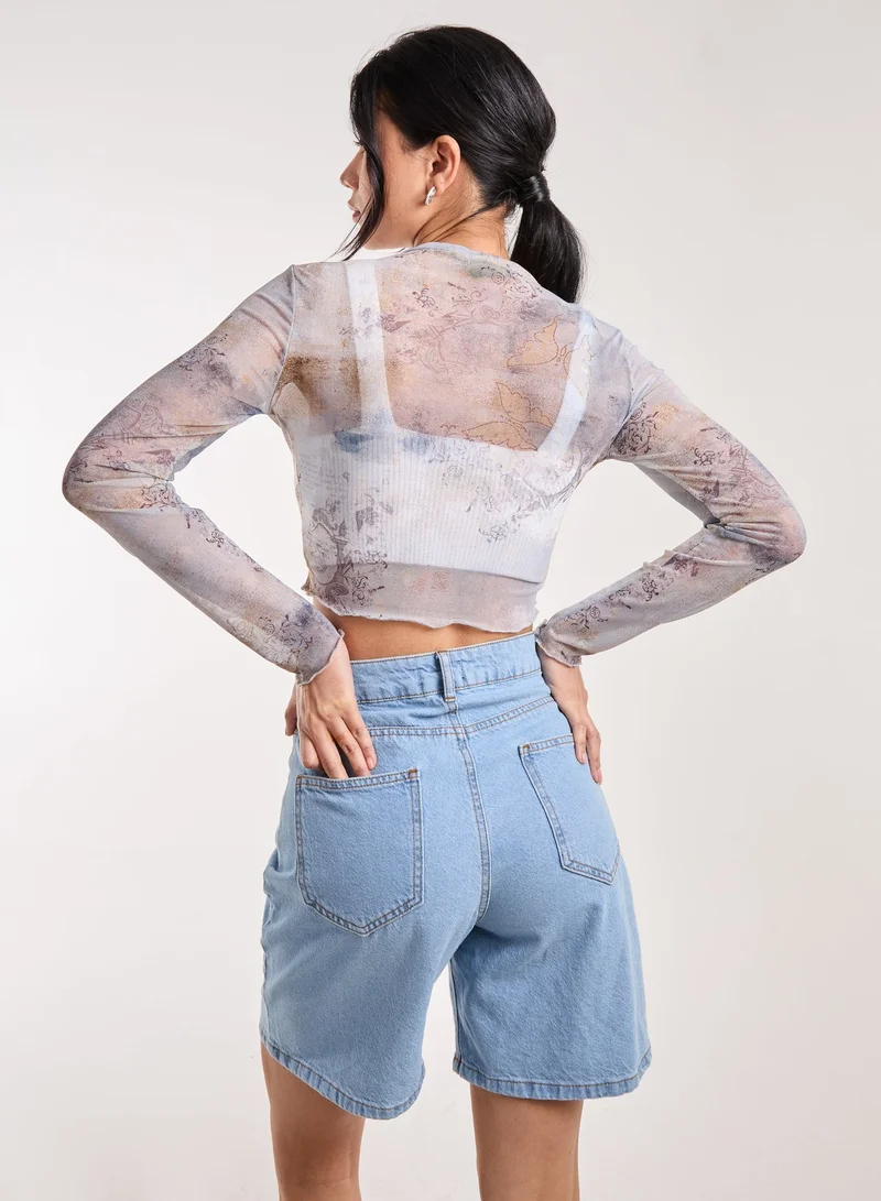 Pink Vanilla Mesh Printed LA Long Sleeve Top