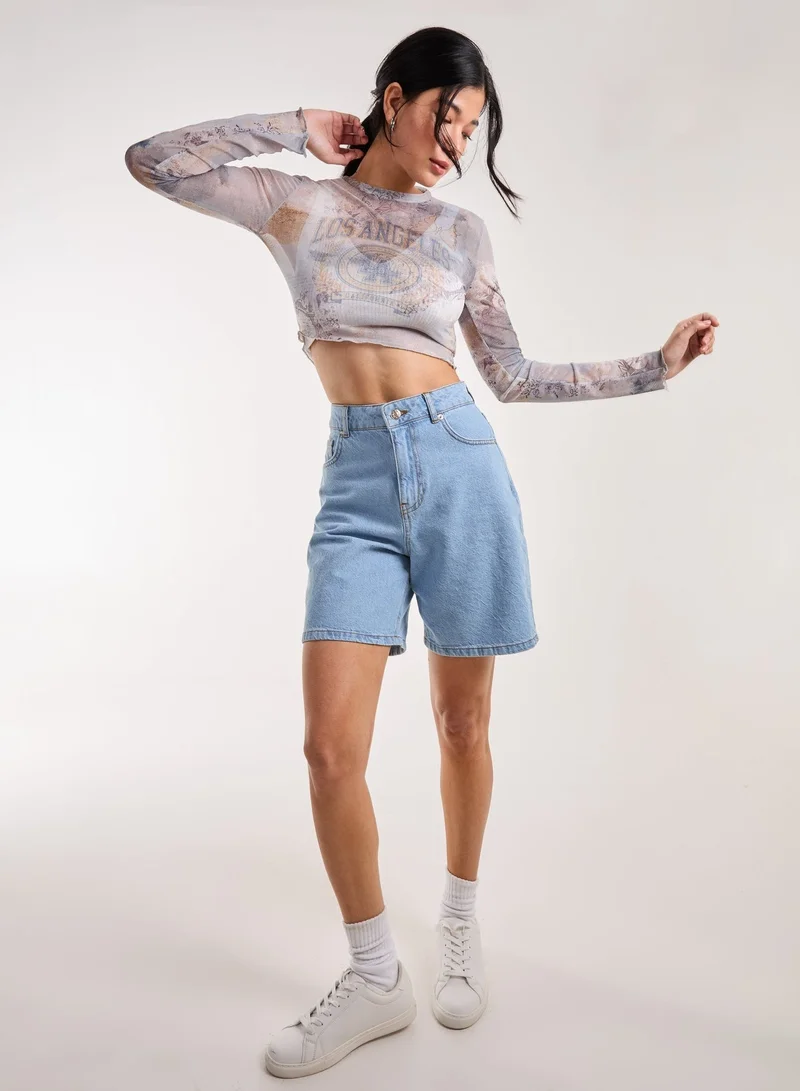 Pink Vanilla  Mesh Printed LA Long Sleeve Top for Women | Best Price UAE
