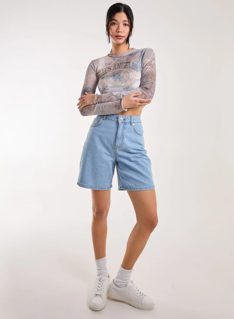 Pink Vanilla  Mesh Printed LA Long Sleeve Top for Women | Best Price UAE