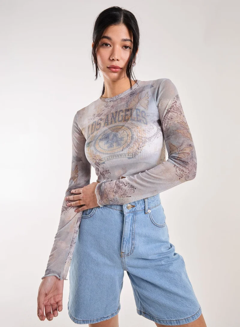 Pink Vanilla  Mesh Printed LA Long Sleeve Top for Women | Best Price UAE