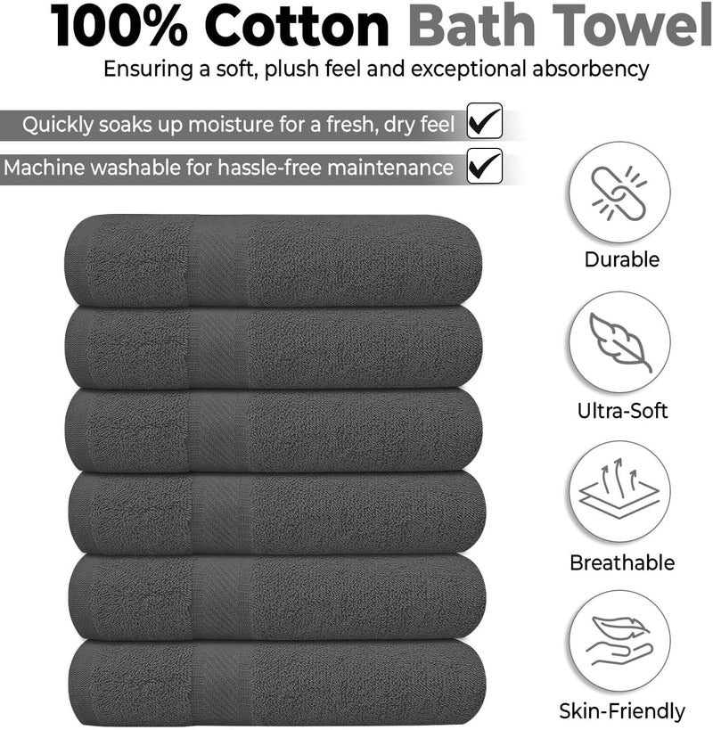 KAHAF COLLECTION Pack of 6 Bath Towels 27 x 54 Inches, 100% Cotton, Larger & Lighter Weight, Quicker to Dry, Super Soft and Absorbent, Perfect for Bathroom (Grey, Pack of 6 (27''x54'')) - Image 2