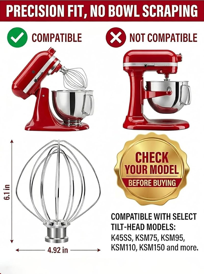 TIZZE ملحق الخفق السلكي 6 أسلاك مناسب لخلاط KitchenAid ذي الرأس المائل بديل K45WW، من الفولاذ المقاوم للصدأ، خفاقة البيض والكريمة الثقيلة، خفاقة الكيك والمايونيز - Image 4