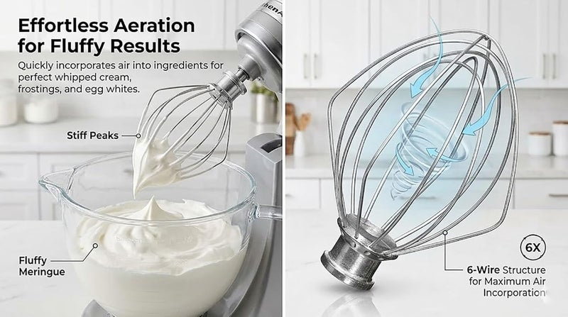 TIZZE ملحق الخفق السلكي 6 أسلاك مناسب لخلاط KitchenAid ذي الرأس المائل بديل K45WW، من الفولاذ المقاوم للصدأ، خفاقة البيض والكريمة الثقيلة، خفاقة الكيك والمايونيز - Image 3