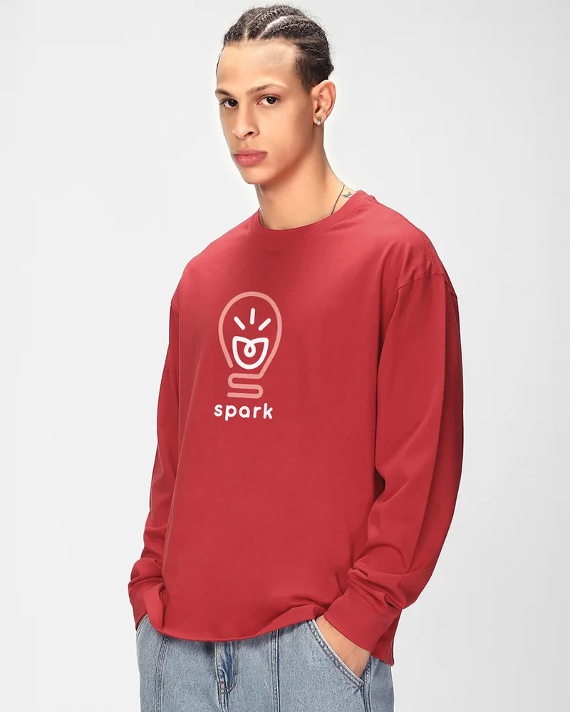 بيواكوف Men's Bold Red Spark Graphic Printed Oversized T-shirt