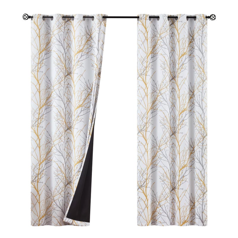 FMFUNCTEX 100 Blackout Curtains for Living Room Yellow White Tree Curtains 108 Inches Long for Bedroom Extra Long Farmhouse Window Curtain Panels Room Darkening Drapes Grommet Top 2 Panels