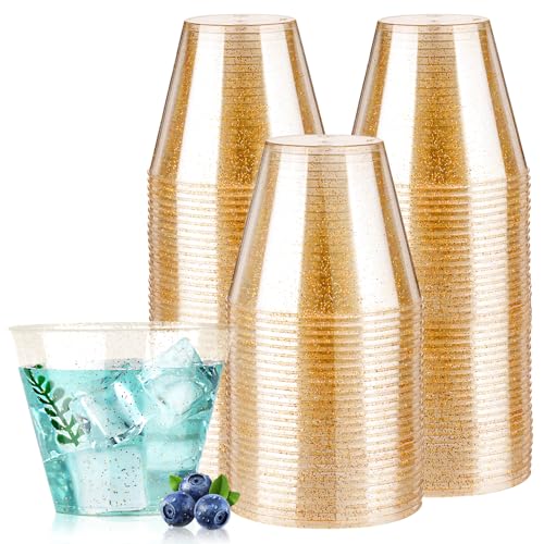 Goodluck 9 oz 100 PCS Gold Glitter Plastic Cups Disposable Glitter Cups Elegant Plastic Cocktail Glasses Fancy Party Cups for Wedding Birthday Holiday