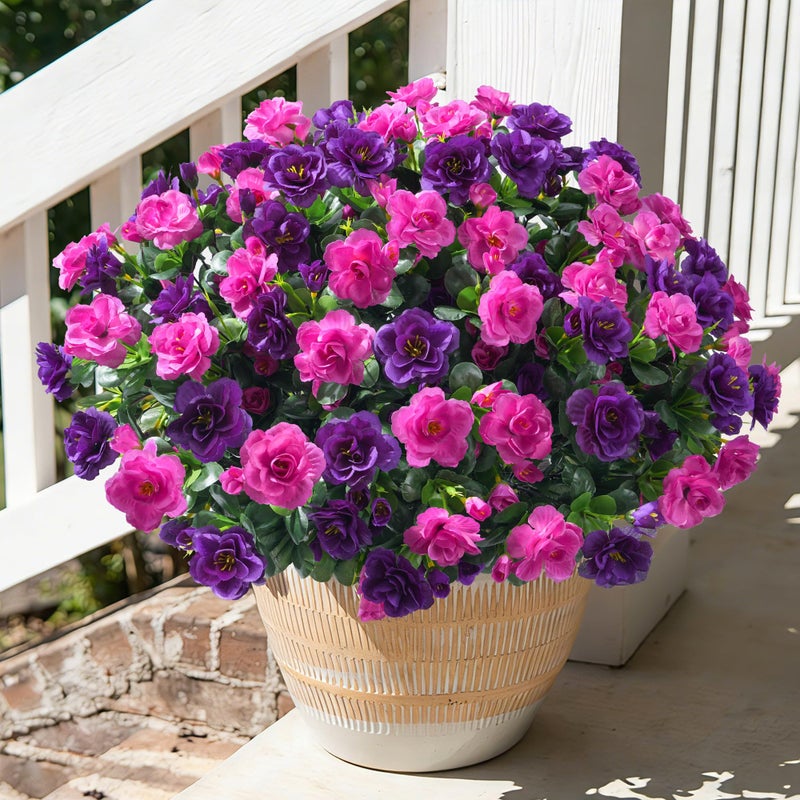 HyeFlora Artificial Faux Outdoor Flowers Plants for Spring Summer Decoration, Fake Silk Camellia UV Resistant Look Real for Planter Outside Front Door Porch Patio Balcony, 3 Large Bundles (Purple+Fuchsia) - Image 1