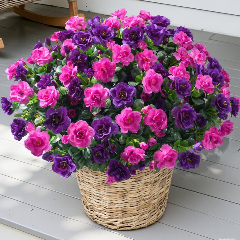 HyeFlora Artificial Faux Outdoor Flowers Plants for Spring Summer Decoration, Fake Silk Camellia UV Resistant Look Real for Planter Outside Front Door Porch Patio Balcony, 3 Large Bundles (Purple+Fuchsia) - Image 2