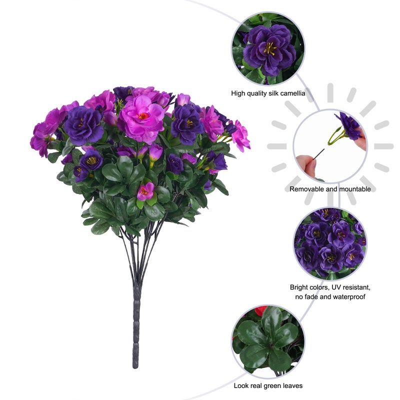 HyeFlora Artificial Faux Outdoor Flowers Plants for Spring Summer Decoration, Fake Silk Camellia UV Resistant Look Real for Planter Outside Front Door Porch Patio Balcony, 3 Large Bundles (Purple+Fuchsia) - Image 5