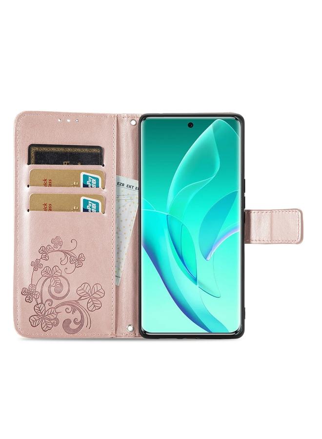 اس-توب جراب لهاتف Honor 60 Pro مصنوع من الجلد مع مشبك منقوش بأربع أوراق - Image 3