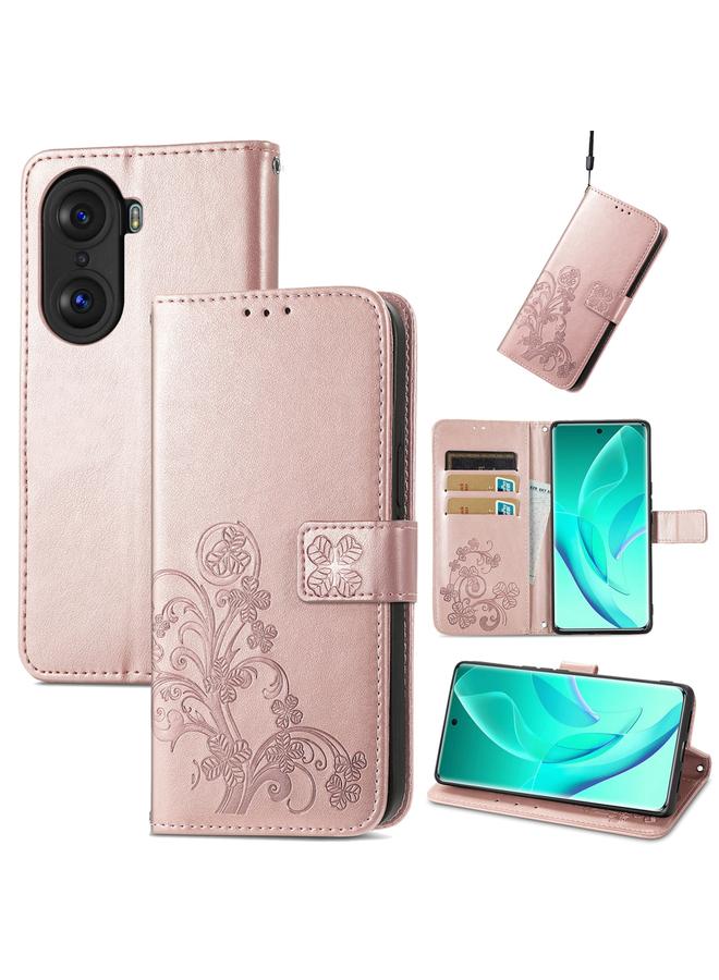 اس-توب جراب لهاتف Honor 60 Pro مصنوع من الجلد مع مشبك منقوش بأربع أوراق - Image 1