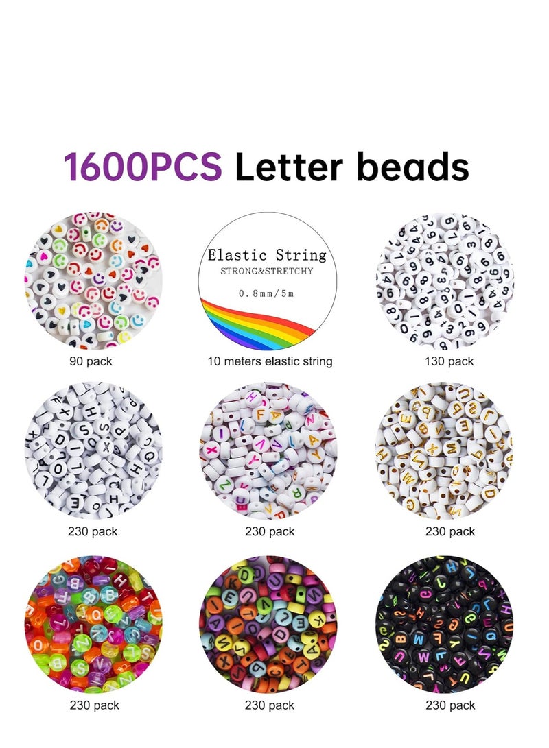 Capstro 1600PCS Letter Beads Kit – 6 Styles Alphabet Beads with Numbers, Smile & Heart Beads + 10M Elastic Cord – DIY Name Bracelets & Jewelry Making for Kids, Teens, Adults - Image 2