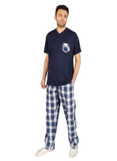 Jet Men Summer Pajama Set Half Sleeve & Carreaux Bottom -Navy Blue  - Image 2