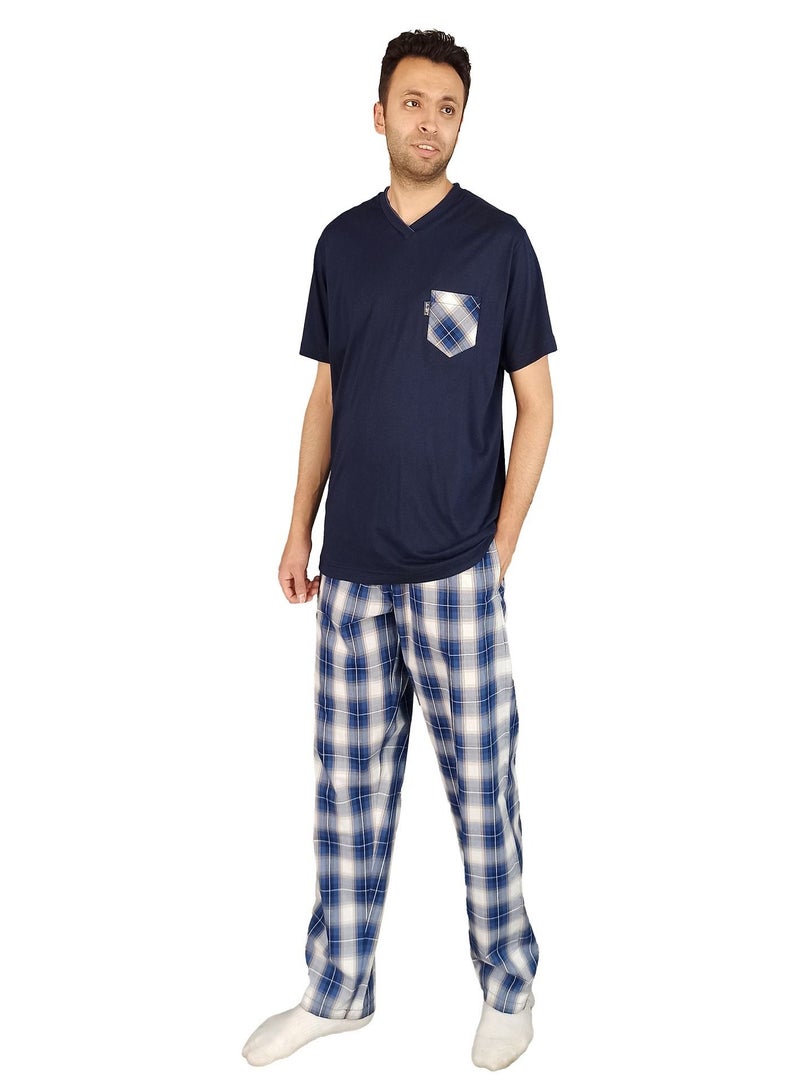 Jet Men Summer Pajama Set Half Sleeve & Carreaux Bottom -Navy Blue - Image 2