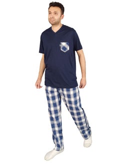Jet Men Summer Pajama Set Half Sleeve & Carreaux Bottom -Navy Blue  - Image 1