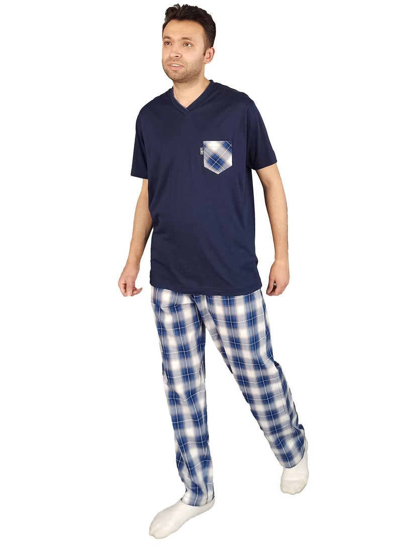 Jet Men Summer Pajama Set Half Sleeve & Carreaux Bottom -Navy Blue - Image 1