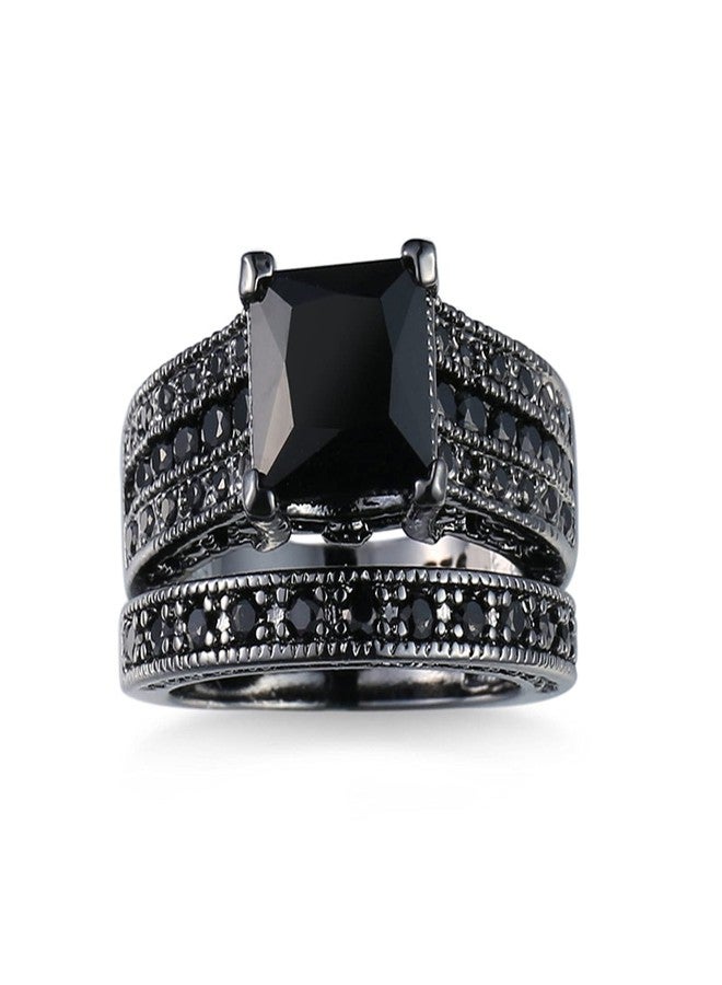 AZQ Vintage 925 Sterling Silver Black Gem Ring Cocktail Rings Square Cut Black Onyx Marcasite Cubic Zirconia Promise Rings Set CZ Eternity Engagement Wedding Band Ring Sets for Women TZ.108 (US Code 6) - Image 2