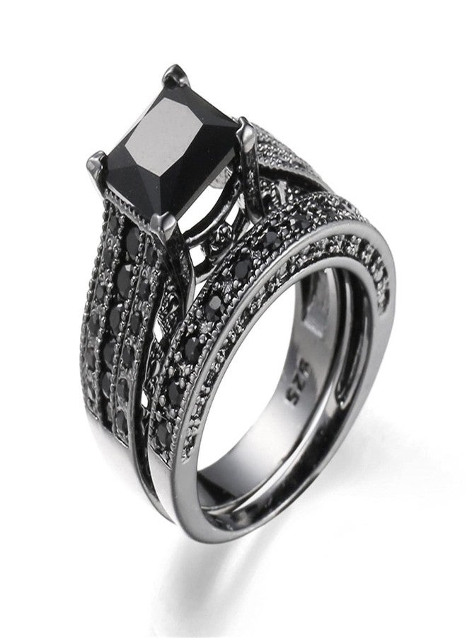 AZQ Vintage 925 Sterling Silver Black Gem Ring Cocktail Rings Square Cut Black Onyx Marcasite Cubic Zirconia Promise Rings Set CZ Eternity Engagement Wedding Band Ring Sets for Women TZ.108 (US Code 6) - Image 1