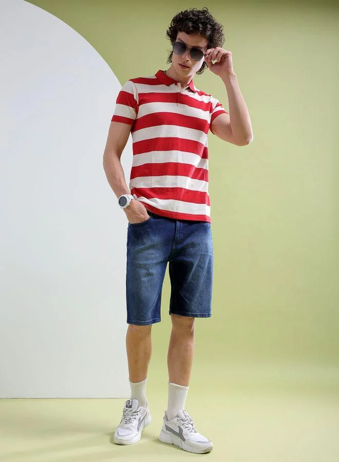 Men Slim Fit Solid Mid-Rise Denim Shorts