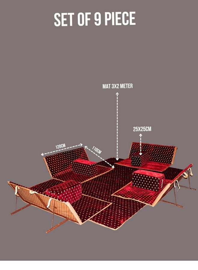 سمارت هوم مجموعة جلوس أرضية تراثية مكونة من 9 قطع مناسبة للسفر والرحلات البرية والحديقة , طقم فرشة تخييم ارضية مع اربع مراكى و 4 كراسي وبساط من القماش عالي الجودة يكفي ل 8 أشخاص (قماش تركي) - Image 4