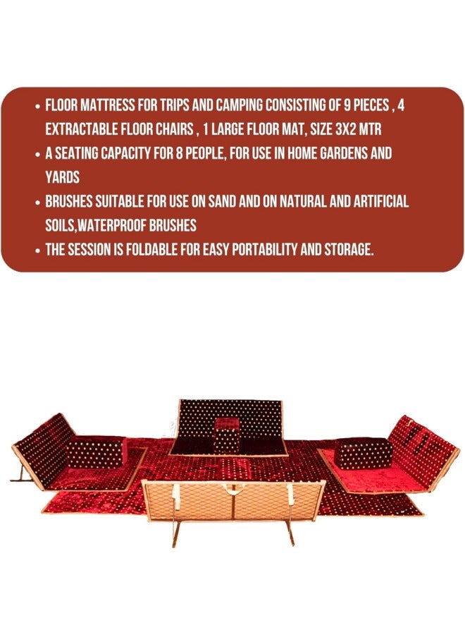 سمارت هوم مجموعة جلوس أرضية تراثية مكونة من 9 قطع مناسبة للسفر والرحلات البرية والحديقة , طقم فرشة تخييم ارضية مع اربع مراكى و 4 كراسي وبساط من القماش عالي الجودة يكفي ل 8 أشخاص (قماش تركي) - Image 5