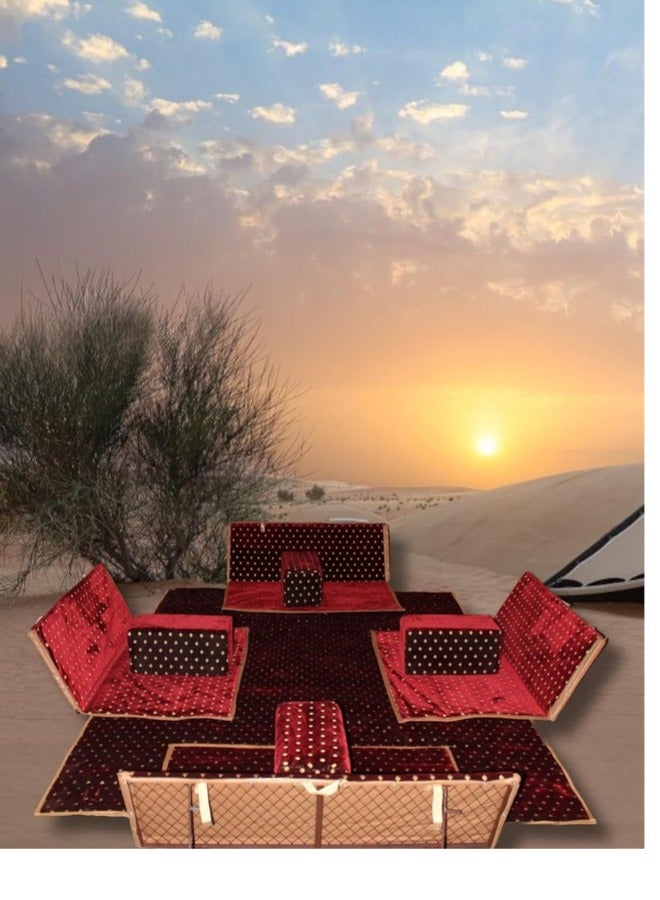 سمارت هوم مجموعة جلوس أرضية تراثية مكونة من 9 قطع مناسبة للسفر والرحلات البرية والحديقة , طقم فرشة تخييم ارضية مع اربع مراكى و 4 كراسي وبساط من القماش عالي الجودة يكفي ل 8 أشخاص (قماش تركي) - Image 3