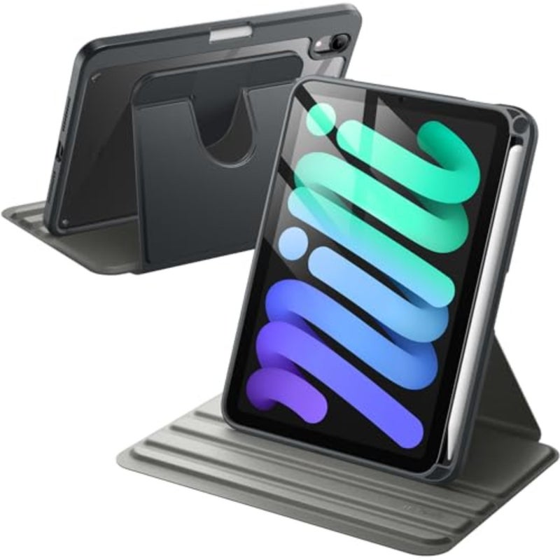 غطاء حماية دوار لجهاز iPad mini A17 Pro/6th Gen, 8.3 2024/2021: حامل دوران 360 درجة، ظهر شفاف من مادة TPU، جزء داخلي من السيليكون الأسود، تنبيه/نوم تلقائي، حامل قلم رصاص، حماية كاملة - Image 1