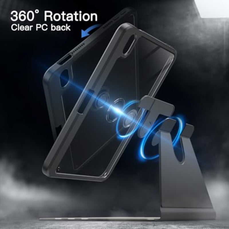 غطاء حماية دوار لجهاز iPad mini A17 Pro/6th Gen, 8.3 2024/2021: حامل دوران 360 درجة، ظهر شفاف من مادة TPU، جزء داخلي من السيليكون الأسود، تنبيه/نوم تلقائي، حامل قلم رصاص، حماية كاملة - Image 3