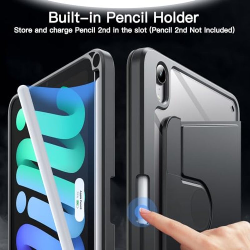 غطاء حماية دوار لجهاز iPad mini A17 Pro/6th Gen, 8.3 2024/2021: حامل دوران 360 درجة، ظهر شفاف من مادة TPU، جزء داخلي من السيليكون الأسود، تنبيه/نوم تلقائي، حامل قلم رصاص، حماية كاملة - Image 5