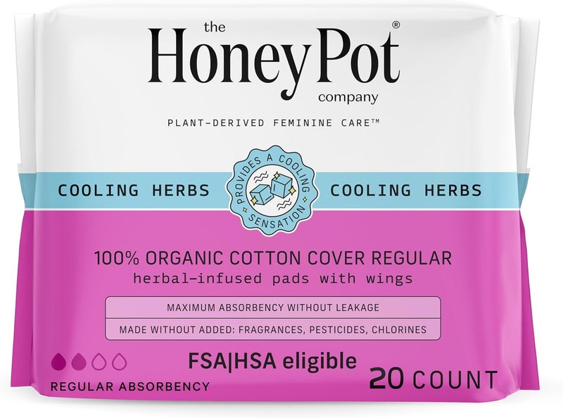 The Honey Pot Company - Herbal Sanitary Pads for Women - Regular Flow w/Wings - Infused w/Essential Oils for Cooling Effect & Organic Cotton Cover - Feminine Care - FSA & HAS - 20 ct