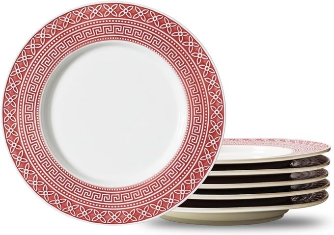 CERAMIC DINNER PLATES SET OF 6 10 INCH DESSERT SALAD PLATES LARGE SERVING PLATES SET MODERN PLATES FOR KITCHEN MICROWAVE OVEN DISHWASHER SAFE RED