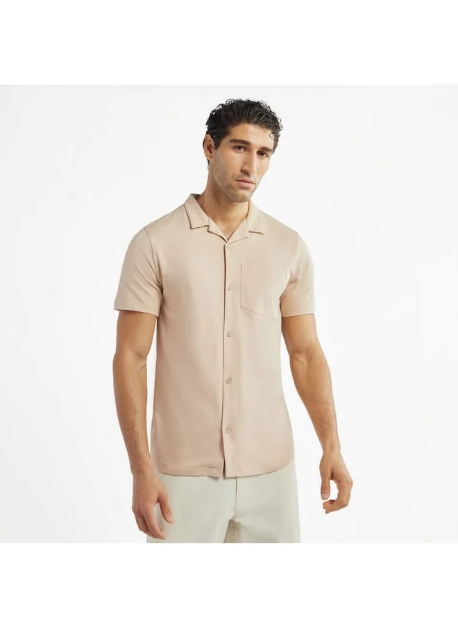 FAV Solid Camp Collar Shirt with Short Sleeves and Pocket