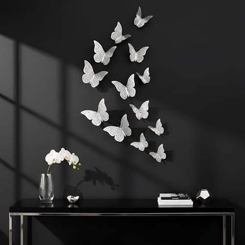 Xtore® 12pcs 3D Metallic Finish Home Decor Butterfly with Sticking pad- (Shimmer Silver)(Set of 12) - Image 1