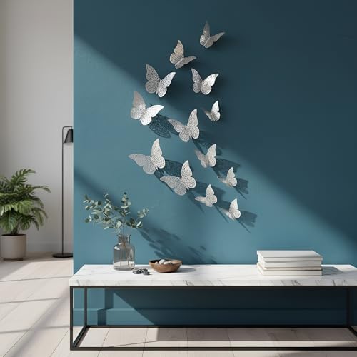 Xtore® 12pcs 3D Metallic Finish Home Decor Butterfly with Sticking pad- (Shimmer Silver)(Set of 12) - Image 3