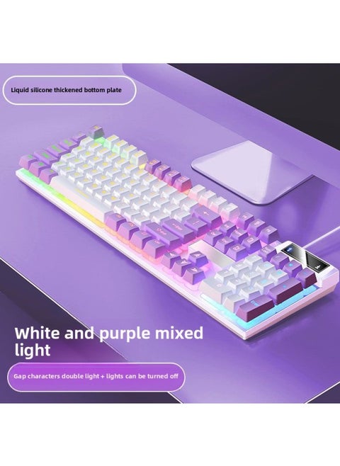 Mechanical Feel Game Backlit E-sports Office USB External Full-size Blue And White Double White Wired Keyboard-Color:White And Purple Two-color-color Light Keyboard [personalized Double Spell]-single Keyboard [one-year Warranty]