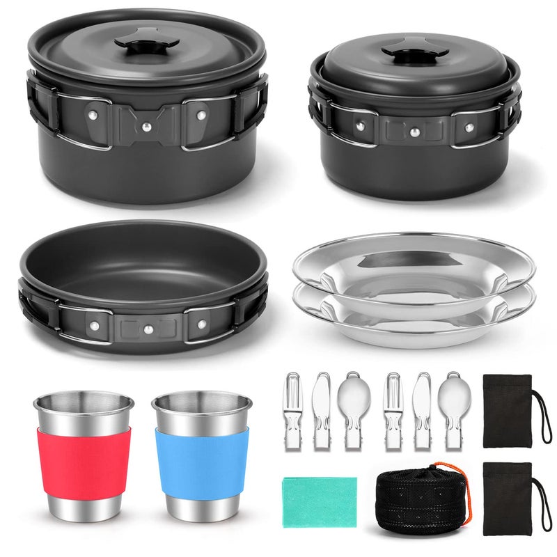 Odoland 15pcs Camping Cookware Mess Kit, Non-Stick Lightweight Pots Pan Set with Stainless Steel Cups Plates Forks Knives Spoons for Camping, Backpacking, Outdoor Cooking and Picnic - Image 1
