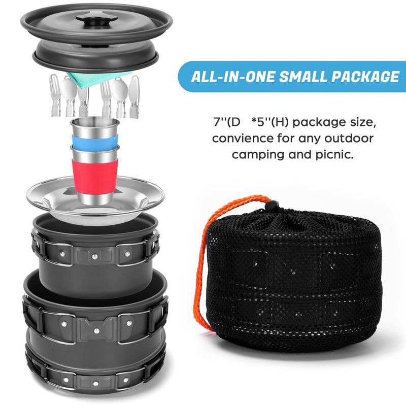 Odoland 15pcs Camping Cookware Mess Kit, Non-Stick Lightweight Pots Pan Set with Stainless Steel Cups Plates Forks Knives Spoons for Camping, Backpacking, Outdoor Cooking and Picnic - Image 4