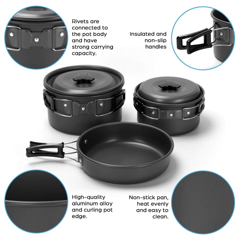 Odoland 15pcs Camping Cookware Mess Kit, Non-Stick Lightweight Pots Pan Set with Stainless Steel Cups Plates Forks Knives Spoons for Camping, Backpacking, Outdoor Cooking and Picnic - Image 3
