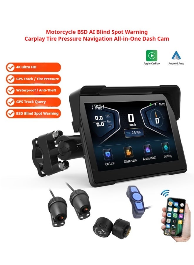 7-inch Motorcycle GPS Navigation Waterproof With BSD Ai Blind Spot Warning Wireless Carplay Android Auto Dash Cam TPMS - Image 1