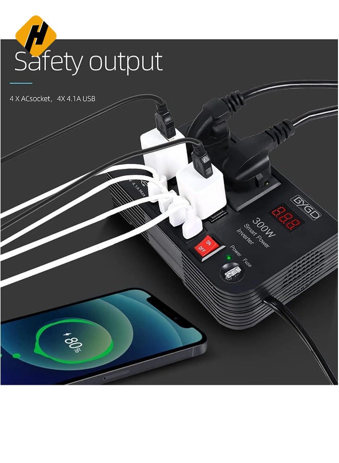 HuHa 300W Car Inverter, 12V to 220V Power Converter with 4 USB Ports, Universal Socket, Notebook Charging, Car Cigarette Lighter Adapter  - Image 3