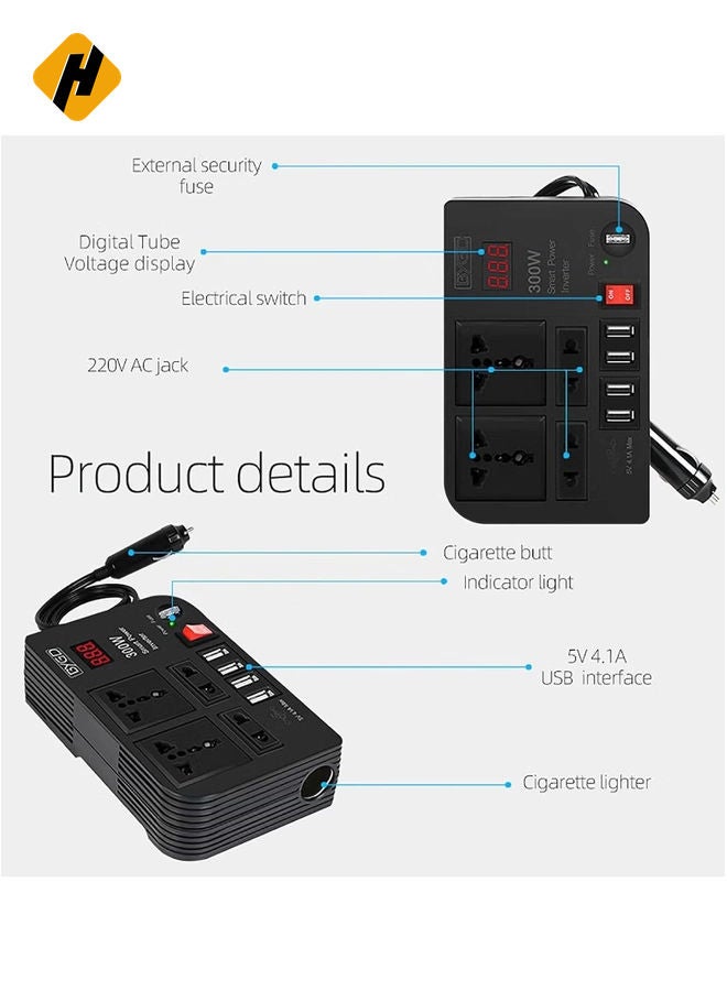 HuHa 300W Car Inverter, 12V to 220V Power Converter with 4 USB Ports, Universal Socket, Notebook Charging, Car Cigarette Lighter Adapter  - Image 5
