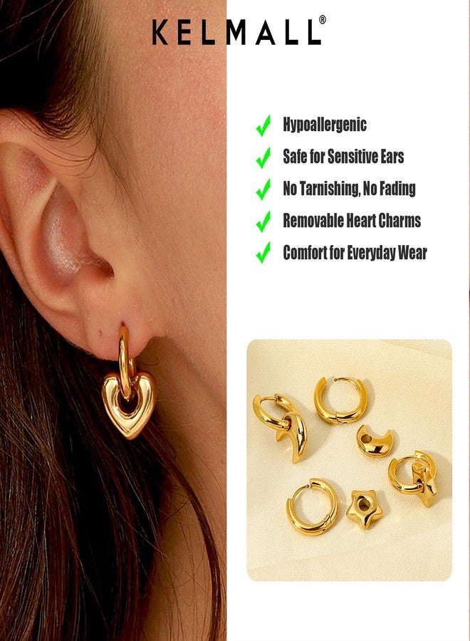 KELMALL Gold Small Hoop Huggie Earrings for Women, Trendy Hypoallergenic with Star Moon Heart Flower Charm Dangle Earrings Stainless Steel Piercing Earrings Jewerly - Image 3