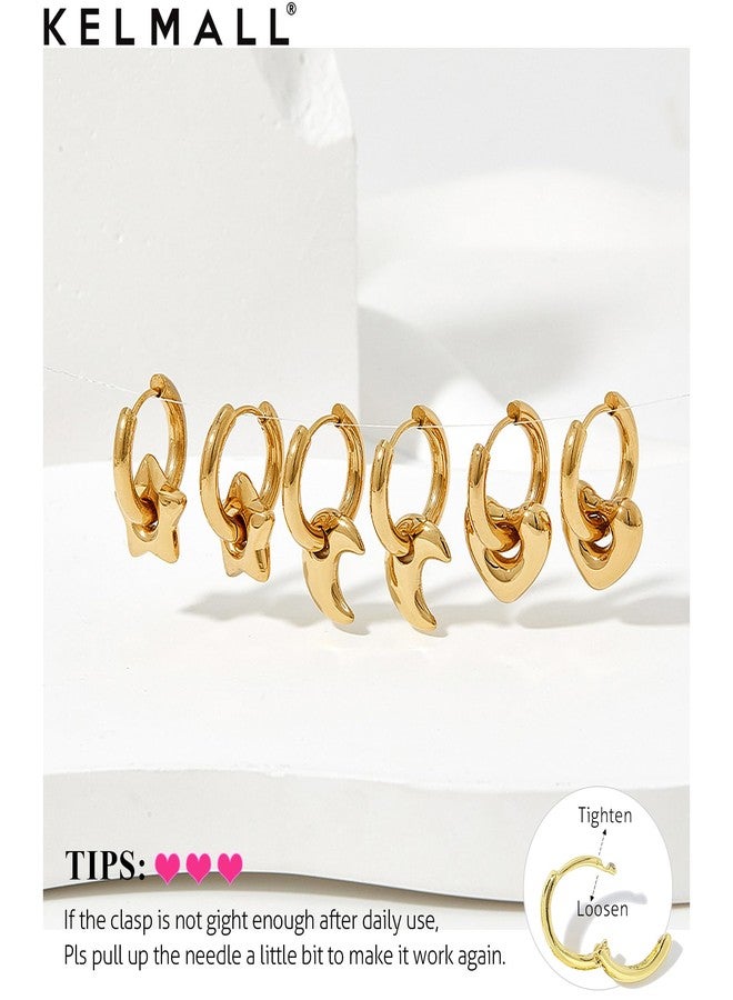 KELMALL Gold Small Hoop Huggie Earrings for Women, Trendy Hypoallergenic with Star Moon Heart Flower Charm Dangle Earrings Stainless Steel Piercing Earrings Jewerly - Image 4