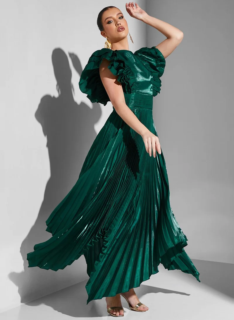 Iyra Ruffle Sleeve Plisse Asymmetrical Dress